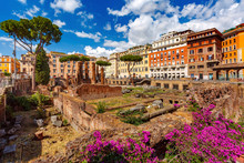 Largo Di Torre Argentina, Roman Ancient Ruins Of Four Roman Republican Temples And The Remains Of Pompey Theatre In Rome, Italy.