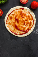 Wall Mural - pizza - dough, preparation, flat cake (the process of cooking). Top view with copy space