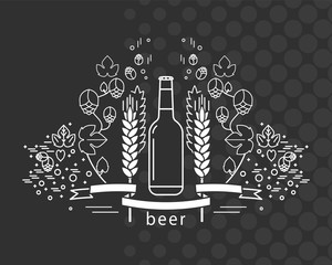 Wall Mural - The pub icon. Brewery logo, craft beer label, alcohol store. Vector vintage icon, template with beer bottle, hop, wheat and ribbon in retro style. Isolated elements on dark background.