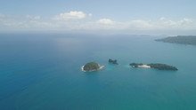 Aerial View Islands With Sand Beach Lahus And Turquoise Water In Blue Lagoon Among Coral Reefs, Caramoan Islands, Philippines. Landscape With Sea, Tropical Beach.