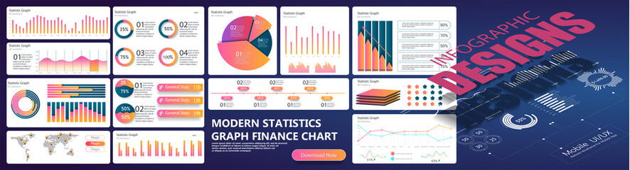 Leinwandbilder - 	 Vector modern infographic background with statistic diagrams, graphs, charts. Template for web, presentations, reports, visualizations. Global swatches.