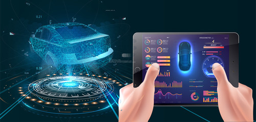 Aufkleber - Modern concept of driving. Driving with a tablet. A hologram of the vehicle, diagnostics of the vehicle. Smart car and smartphone dashboard system data . Illustration Vector