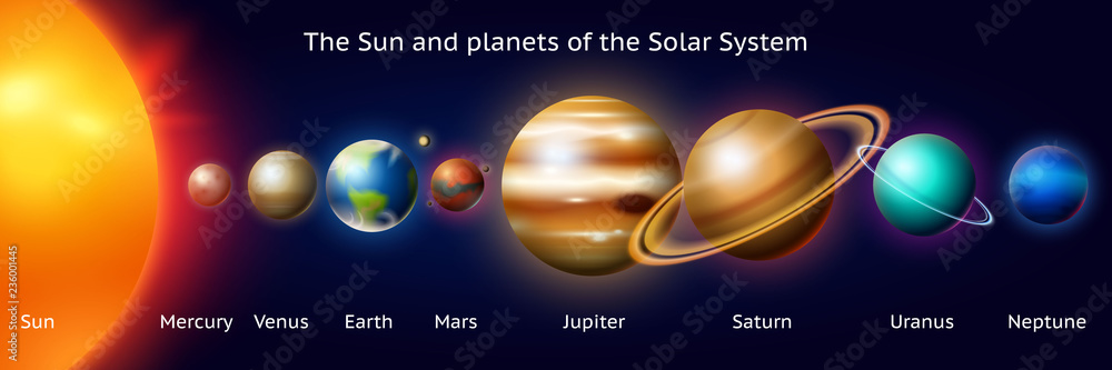 Set of Planets of the solar system. Milky Way. Realistic vector illustration. Space and astronomy, the infinite universe and the galaxy among the stars in the sky. Sphere Mars Venus Sun Earth Jupiter. - obrazy, fototapety, plakaty 