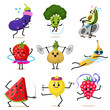 Sports fruit characters. Set of Cute healthy vegetables and funny face berries. Happy food strawberry eggplant banana watermelon broccoli avocado turnip. vegetarian vitamin diet and fitness concept.