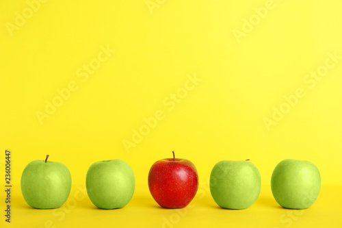 Cuadros en Lienzo Row of green apples with red one on color background