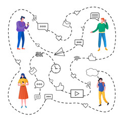 Men, women, teenagers use mobile phones.People hold phone to read messages, selfies and calls. Vector, flat.