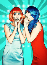 Portrait Of Young Women In Comic Pop Art Make-up Style. Shocked Females In Red And Blue Wigs