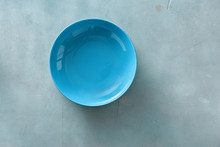 Empty Ceramic Blue Round Plate Stone Background Top View Flat Lay