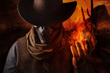 Fantasy Horror Cowboy With Skull Head And Arm Holding Fireball.