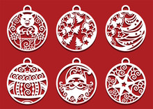 Santa, Pig Holding Gift Inside Christmas Balls. Symbol Of 2019 For Laser Cutting. Set Of New Year Decorations