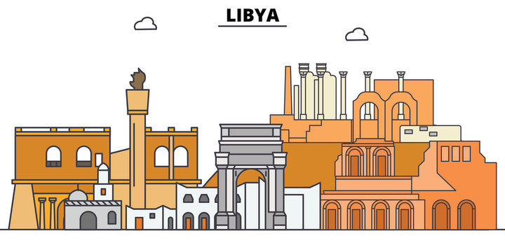 libya line skyline vector illustration. libya linear cityscape with famous landmarks, city sights, v