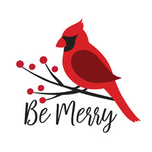 Red Cardinal Bird On A Winterberry Branch Vector Illustration. Christmas Winter Bird On A Tree Graphic.