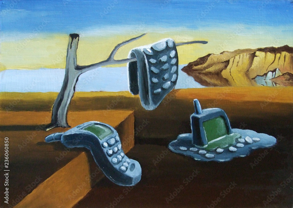 Insufficient memory.
Parody, imitation Dali. Curved cell phones. Illustration, oil on cardboard. - obrazy, fototapety, plakaty 