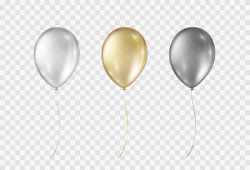 Balloons isolated on transparent background.  Vector realistic gold, silver, black festive 3d helium ballons mockup for anniversary, birthday party design.