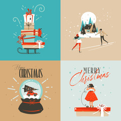 Wall Mural - Hand drawn vector abstract fun Merry Christmas and Happy New Year time cartoon illustration greeting card with xmas surprise gift boxes,girl and Merry Christmas text isolated on colored background