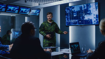Wall Mural - High-Ranking Military Man holds a Briefing to a Team of Government Agents and Politicians, Shows Footage of Satellite Following Target Car Surveillance. 