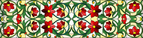 Dekoracja na wymiar  ilustracja-w-stylu-witrazu-z-czerwonymi-kwiatami-liscmi-i-pakami-na-zoltym-tle