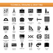Technical & engineering drawing tools. Vector flat icon set. Architect drafting instrument. Isolated object