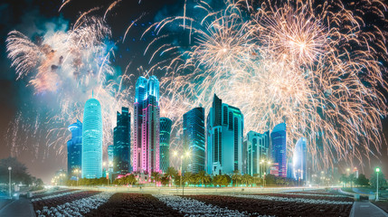 Canvas Print - Beautiful fireworks above West Bay and Doha City, Qatar