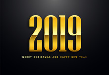 Merry Christmas And Happy New Year Text Design. Vector Greeting Illustration With Golden Numbers.