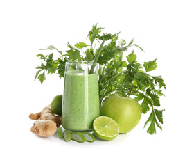 Glass of healthy aloe cocktail on white background