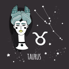 Cute zodiac girl. Taurus sign. Hand drawn vector illustration. Everything is isolated