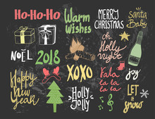 Hand Drawn Christmas Lettering And Doodle Elements. Graphic Vector Set. Everything Is Isolated. Chalkboard Background. Colored Elements