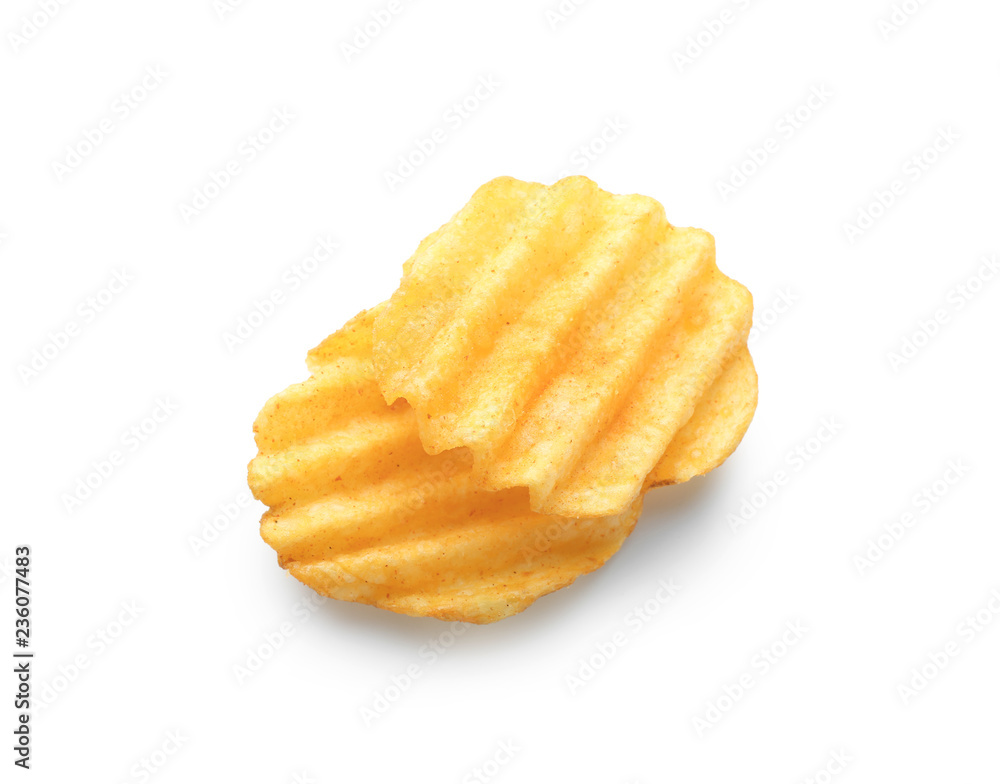 Tasty potato chips on white background