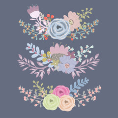 Wall Mural - Hand drawn floral elements. Set of three beautiful bouquets. Navy background. Every bouquet is isolated.