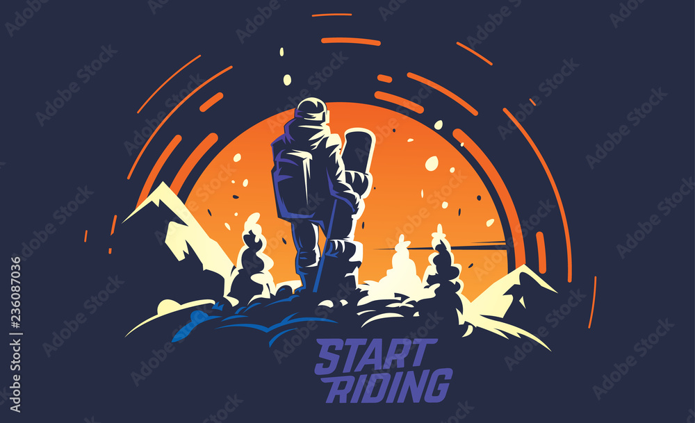 Back view of male snowboarder standing of the top of the hill opposite the big sun. Sports vector illustration - obrazy, fototapety, plakaty 