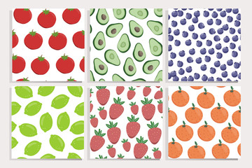 Wall Mural - Hand drawn eco fruits, berries and vegetables. Set of six vector seamless patterns