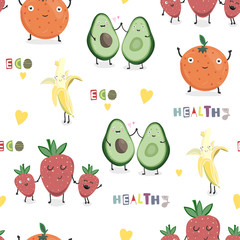 Wall Mural - Hand drawn cute fruits. Vector seamless pattern