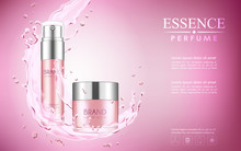 Cosmetic Mockup With Water Pour Elements On Pink Background, Vectoe Illustration.