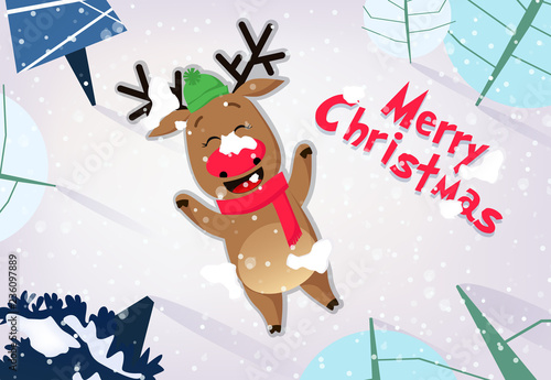 Merry Christmas Banner Design Jolly Reindeer Having Fun And Lying