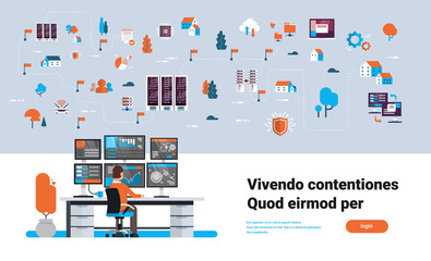 Wall Mural - businessman analytic monitor graph over data network flowchart server map isometric cloud storage sy