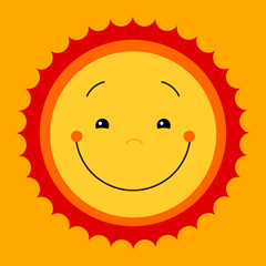 Vector modern yellow smiling from ear to ear fun happy sun sign. Smile sweat cute kids sun sun symbol for kid design, children design, kid logo, children logo, kids summer camp decoration. Clipart.