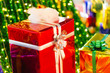 Closeup Christmas gift box with Strap Accessories Ornaments Christmas background for New Year festival