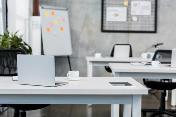 Poster - cup of tea and laptop on table in office