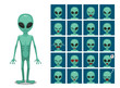 Green Big Eye Extraterrestrial Alien Cartoon Emotion faces Vector Illustration