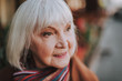 © Yakobchuk Olena - Close up portrait of old woman with grey hair looking away and smiling