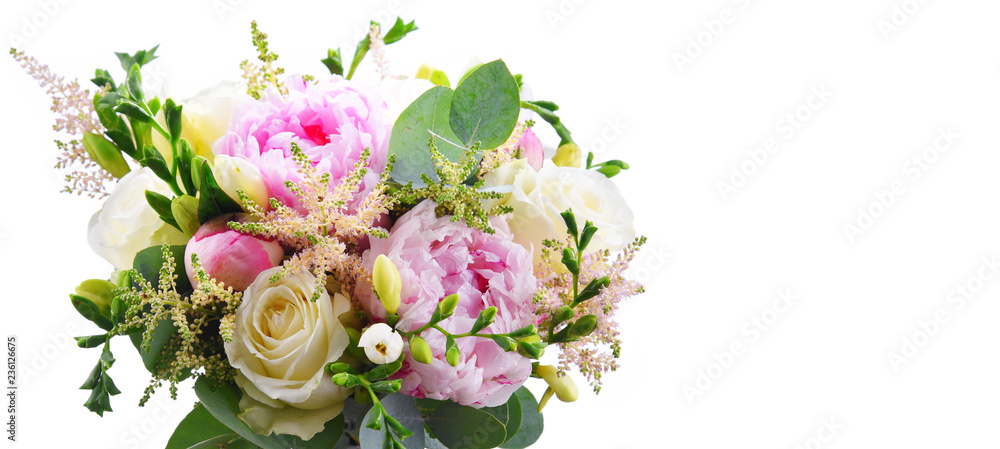 Composition with bouquet of freshly cut flowers - obrazy, fototapety, plakaty 
