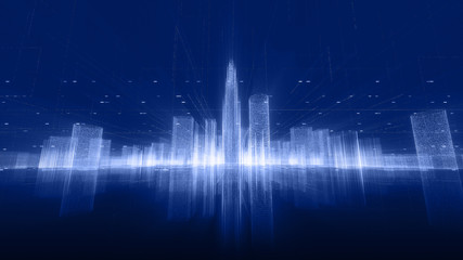 Poster - Abstract hologram 3D city rendering with futuristic matrix. Digital skyline with a binary code particles network. Technology and connection concept. Architecture background with particle skyscrapers.