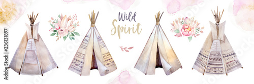 Fotografía Watercolor colorful ethnic set of teepee and flowers bouquets in native American style