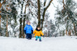 © benevolente - Two children going move down hill against snow-covered forest. Funny children's winter games