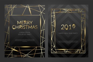 Wall Mural - Luxury christmas party poster template with gold frame and black background. Invitation template. Geometric shape.