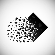Vector Of Black Square Destruction Shapes With Debris Isolated On Vignette Background.