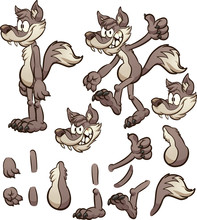 Cartoon Wolf Or Coyote Character With Different Body Pats. Vector Clip Art Illustration With Simple Gradients. Some Elements On Separate Layers.