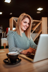 Wall Mural - Beautiful young woman using laptop at modern cafe. Low angle view.