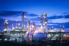 Gas Storage Sphere Tanks In Petrochemical Plant With Twilight Sky Background, Glitter Lighting Of Industrial Plant, Manufacturing Of Vinyl Chloride Monomer Plant