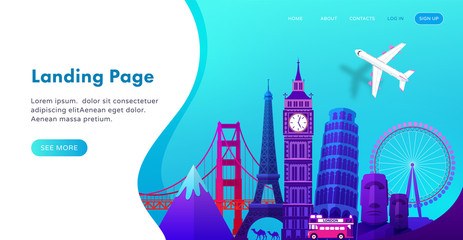 landing page template design with famous landmarks in modern gradient style for travel or tourism we